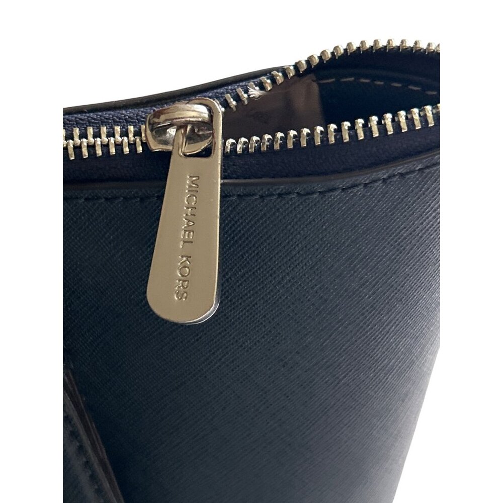 Michael Kors Navy Leather Tote Handbag With Silver MK Charm & Zipper Closure - Picture 2 of 14